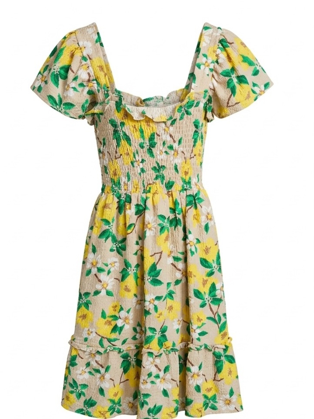 Nannette Girls Yellow & Green Floral Smocked Dress with ruffle detail - size 12